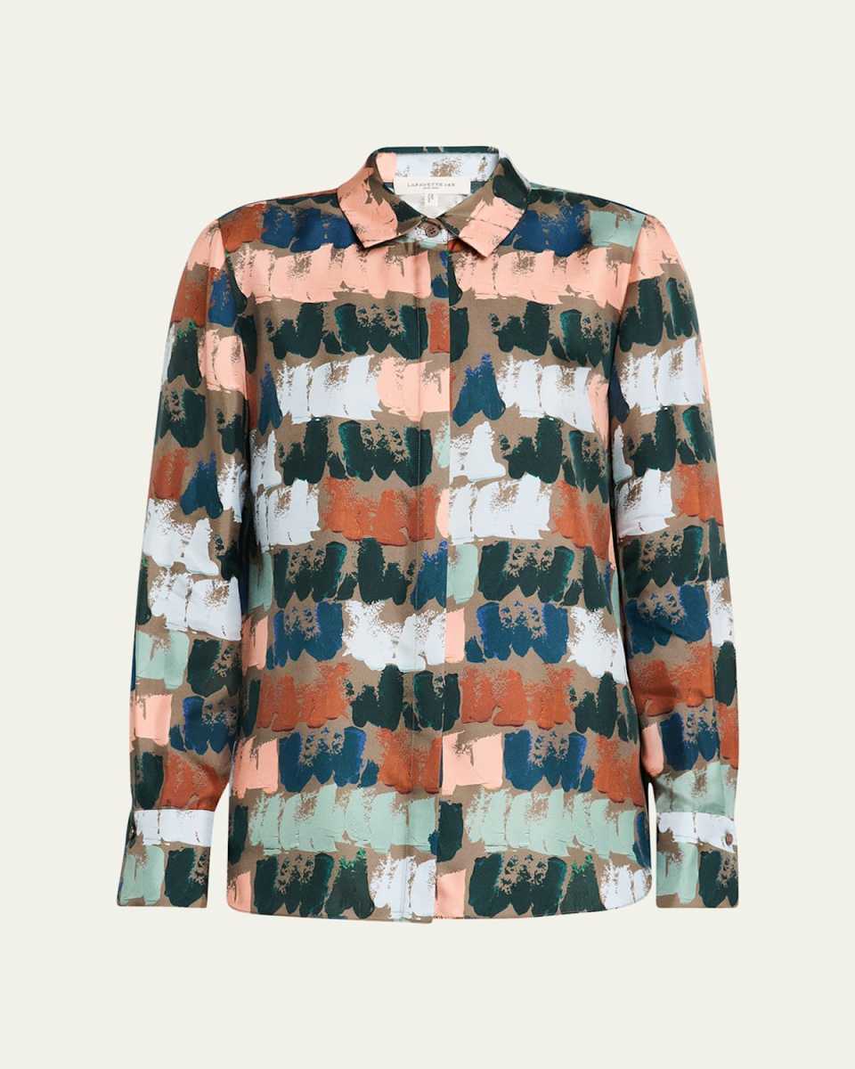 Scottie Paint Stroke-Print Silk Blouse